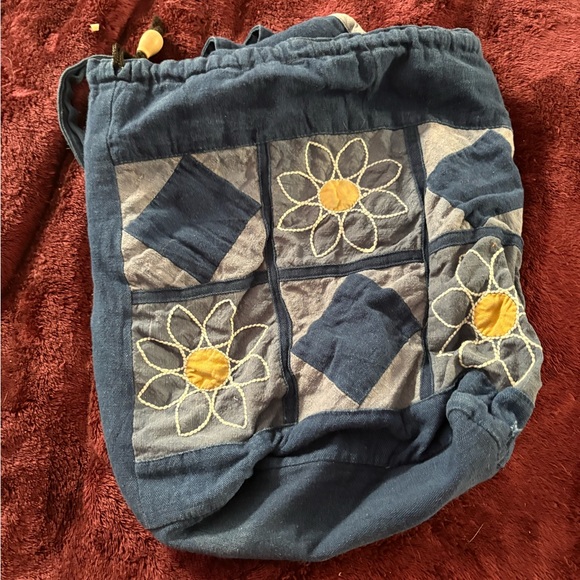 Handbags - Blue Patchwork Drawstring Bag with Floral Design